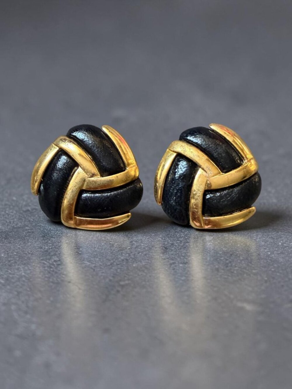 Vintage Gold Tone Black Leather Knot Clip-On Earrings Sculptural Chunky 80s
